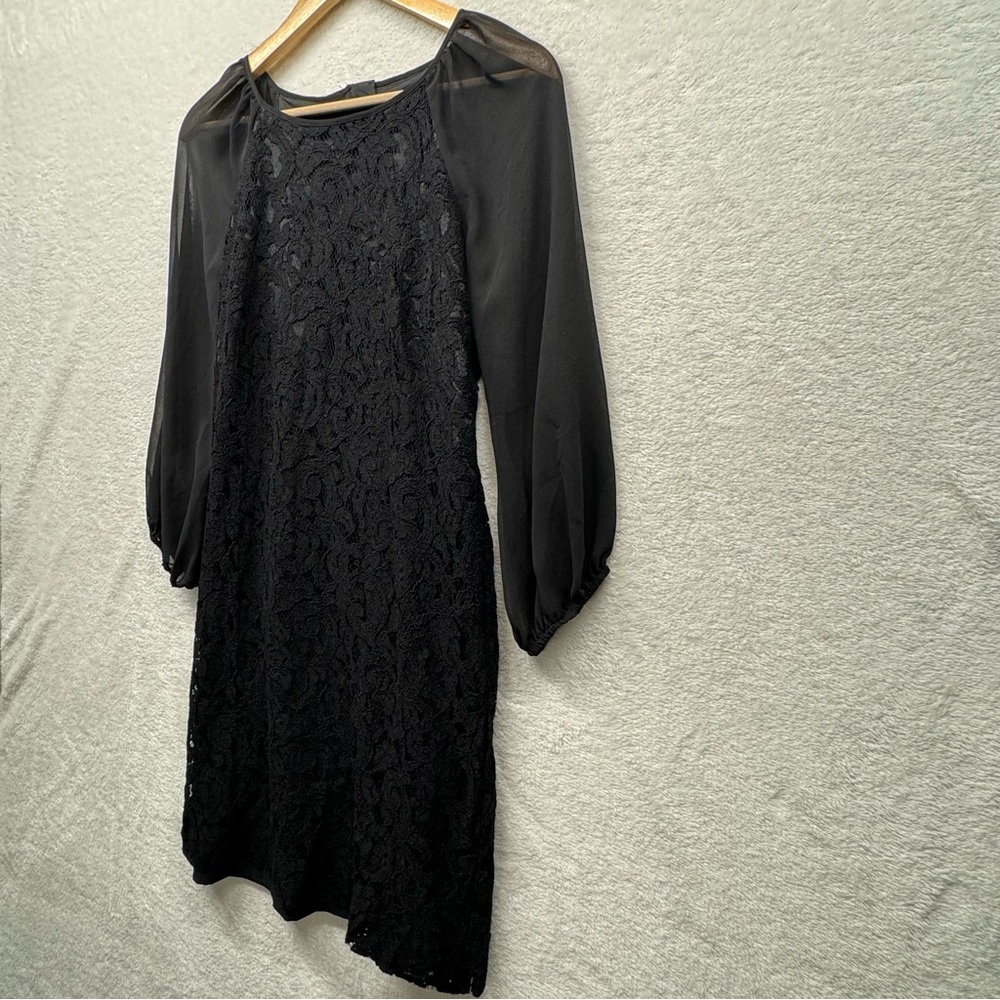 Adrianna Papell Black Lace Midi Dress, Sheer 3/4 Cap Sleeve, Size Small
